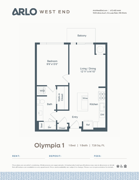 Floor plan for 1 bed, 1 bath, 728 sqft